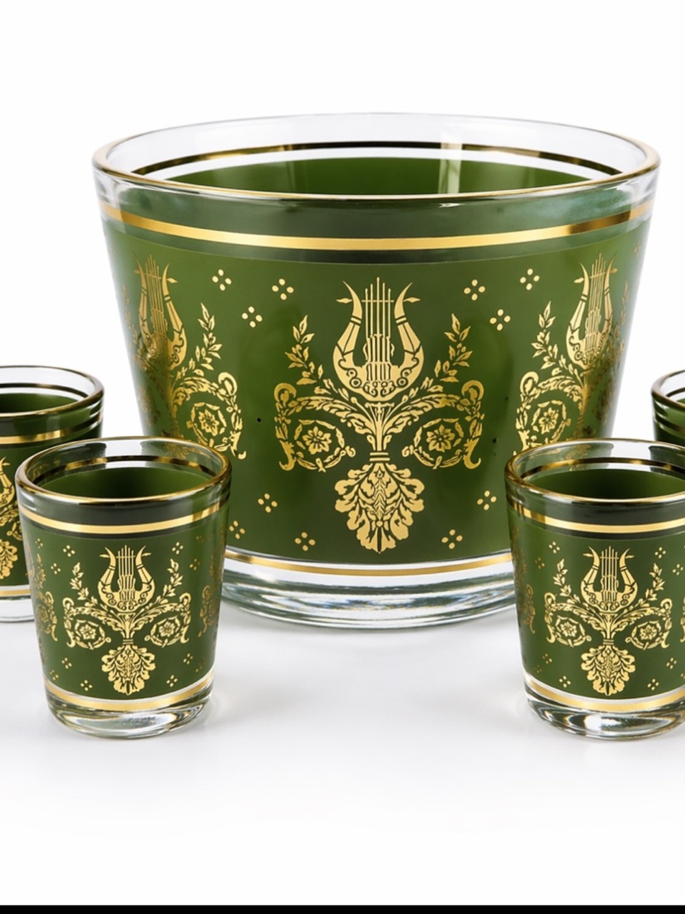 Vintage Green Gold Ice Bucket + 4 Small Glasses Hollywood Regency mid-century